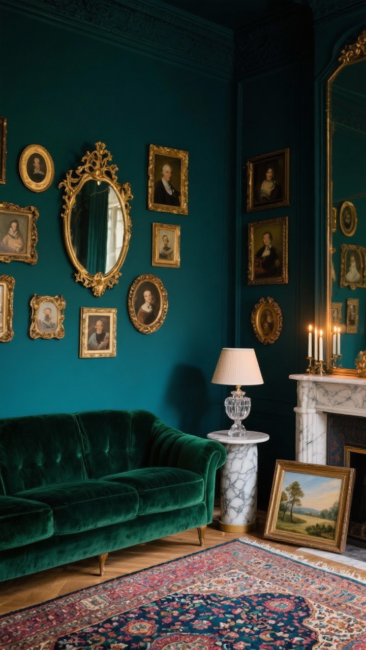 Medium, moody photorealistic shot of an ink blue or forest green wall crowned with a vintage gilt mirror; around it, a layered cluster of small, mismatched oil portraits in ornate gilded frames arranged with balanced asymmetry; in front, a velvet sofa in moss or midnight, a marble-topped side table with a crystal lamp; Persian rug in rich jewel tones; candles on a mantel or console for warm, flickering highlights; a small landscape painting leaning to slightly overlap a mirror corner, adding depth and old-world Parisian apartment charm.