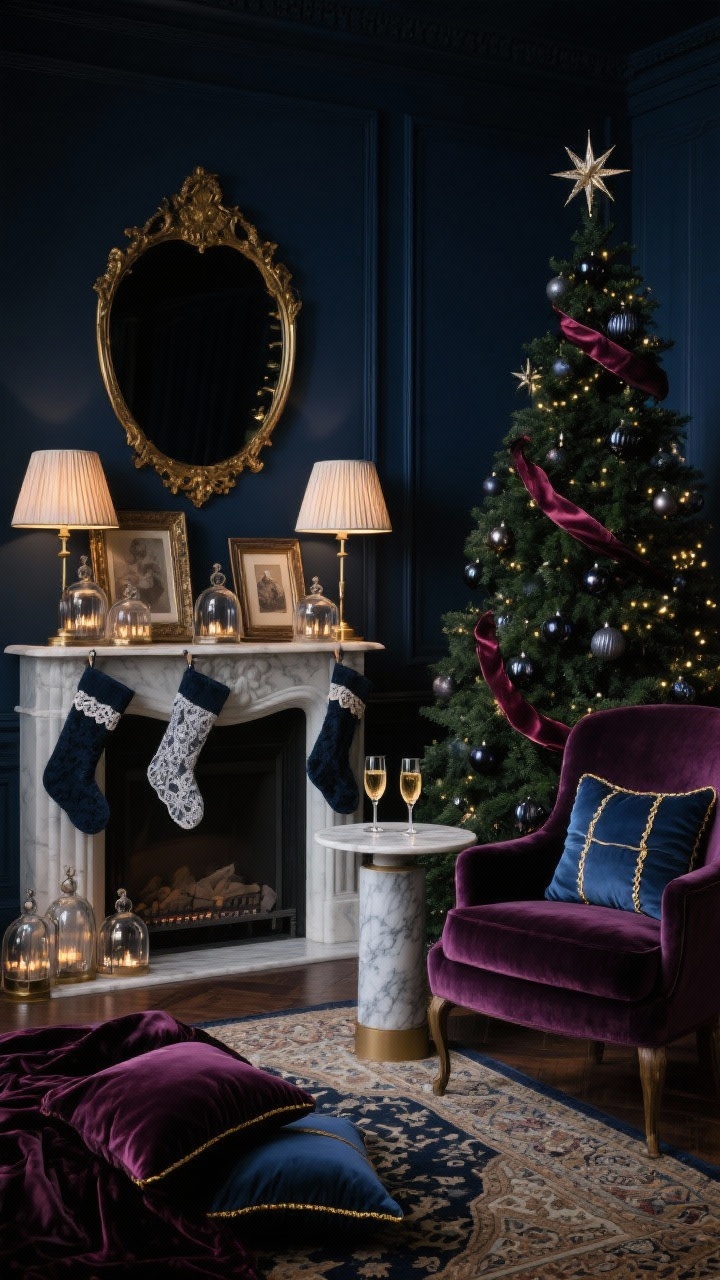 Medium moody vignette, Parisian Midnight Noël: rich navy accent wall with a gilded mirror; slim dark green/black Christmas tree adorned with smoked glass ornaments, merlot velvet ribbons, and starburst accents; mantel with lace-trimmed stockings and vintage frames; velvet accent chair in plum or sapphire beside a marble-topped side table holding champagne coupes; dimmable lamps with pleated shades and fairy lights clustered in bell jars; Persian-style rug underfoot, silk pillows with gold cording, velvet throw; palette of ink blue, charcoal, antique gold, deep wine; low, romantic evening lighting, straight-on view.