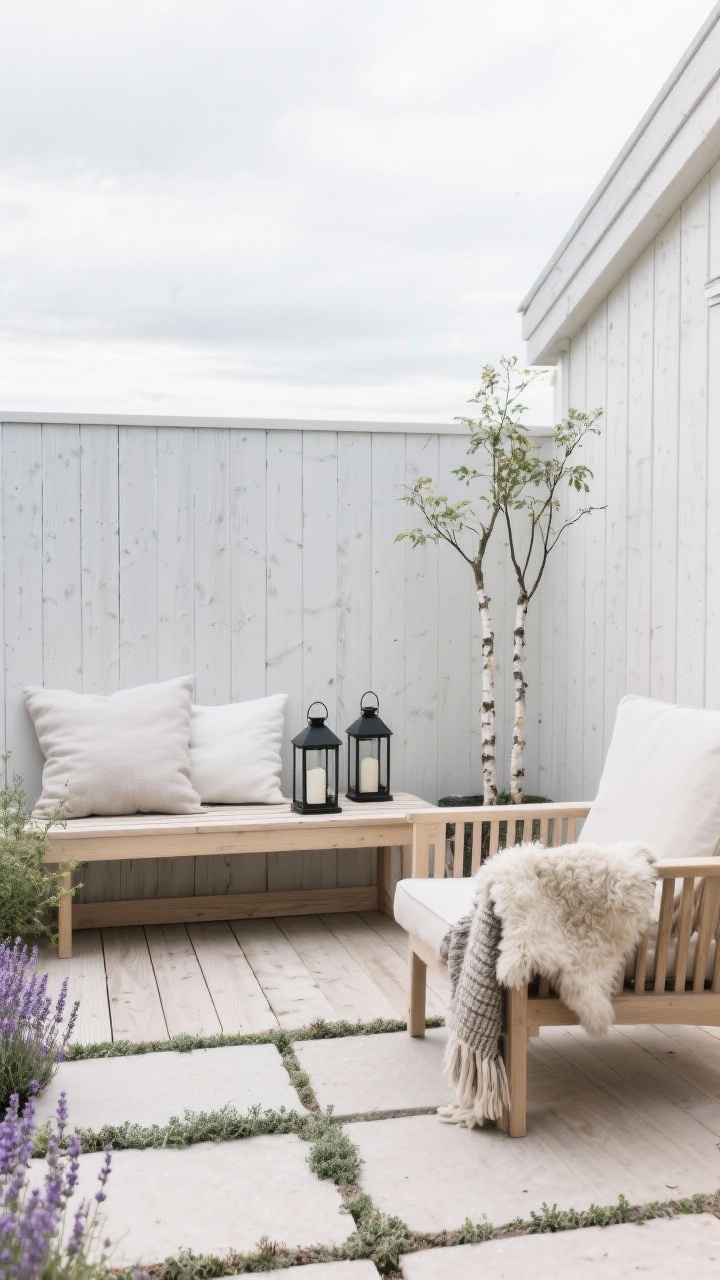 Medium, Nordic terrace at overcast midday: Siberian larch fence with vertical battens, flush top and crisp edges, naturally weathering toward cool silver. Blonde-on-blonde scheme: pale decking, light wood furniture, linen cushions. Black-framed lanterns placed sparingly, a simple slatted bench. Textural accents: nubby throws and a sheepskin draped over a chair. Plants include slender birch saplings, lavender borders, and thyme tucked between pavers. Fresh, airy calm, photorealistic.