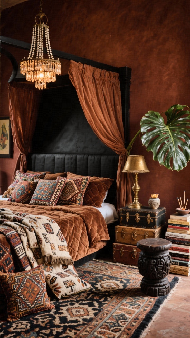 Medium, rich layered scene: “Earthen Maximalist Escape” with deep umber suede-finish walls; matte-black canopy bed draped in gauzy cinnamon panels, quilted velvet coverlet in tobacco; piles of patterned suzanis, embroidered cushions, and a folded block-printed quilt at the foot; pattern-on-pattern rug saturating the floor; antique brass lamp on one side, chunky carved wood stool on the other; stacked vintage trunks as a side table; oversized monstera breaking up the richness; beaded chandelier casting a warm, dappled glow; incense dish, ceramic match striker, stacks of art books. Photorealistic, intimate corner angle.