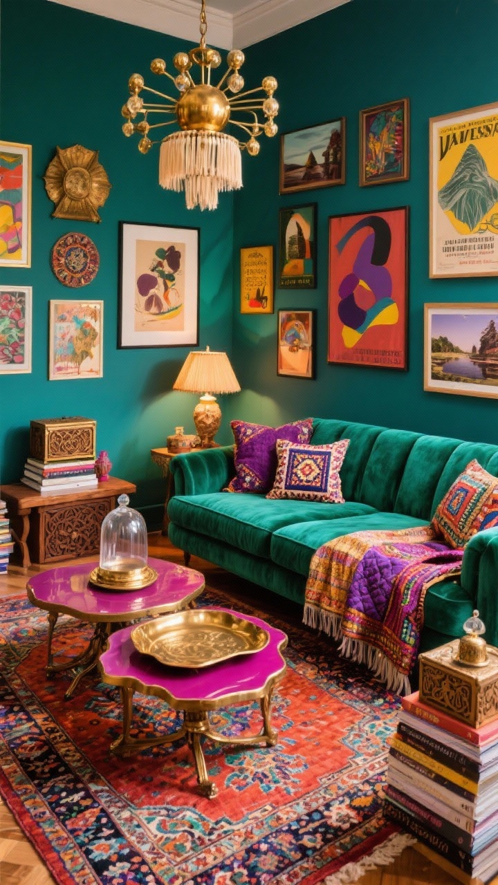 Medium room view from a corner angle: A jewel-tone maximalist boho living room anchored by a velvet emerald sofa on a flamboyant Persian/Moroccan rug; mix of vintage side tables with lacquered trays and brass accents; color palette pulsing with deep teal, magenta, paprika, and amethyst, balanced by warm wood and gleaming metal; kantha quilt draped over the sofa, block-printed pillows, embroidered suzani throw; brass sputnik chandelier overhead and fringed table lamps casting layered warm glow; decor includes stacks of art books, carved boxes, and glass cloches; gallery wall of eclectic art—vintage posters, abstract paintings, and travel photography; rich, glamorous, boho-extra, photorealistic.