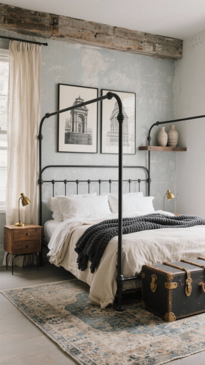 Medium, serene bedroom shot from foot of the bed: Warehouse-meets-whisper bedroom with a black metal canopy bed dressed in creamy linen layers and a chunky charcoal knit throw. Feather-gray limewash walls with shifting tonal texture. Wood-and-iron nightstands hold tiny brass pivoting reading lamps; a vintage trunk at the foot doubles as storage. A faded Persian rug introduces timeworn pattern underfoot. Oversized black-and-white architectural prints on the wall, sheer oatmeal linen window panels, and a rough-hewn beam floating shelf with ceramic vases. Soft, tactile lighting; photorealistic.