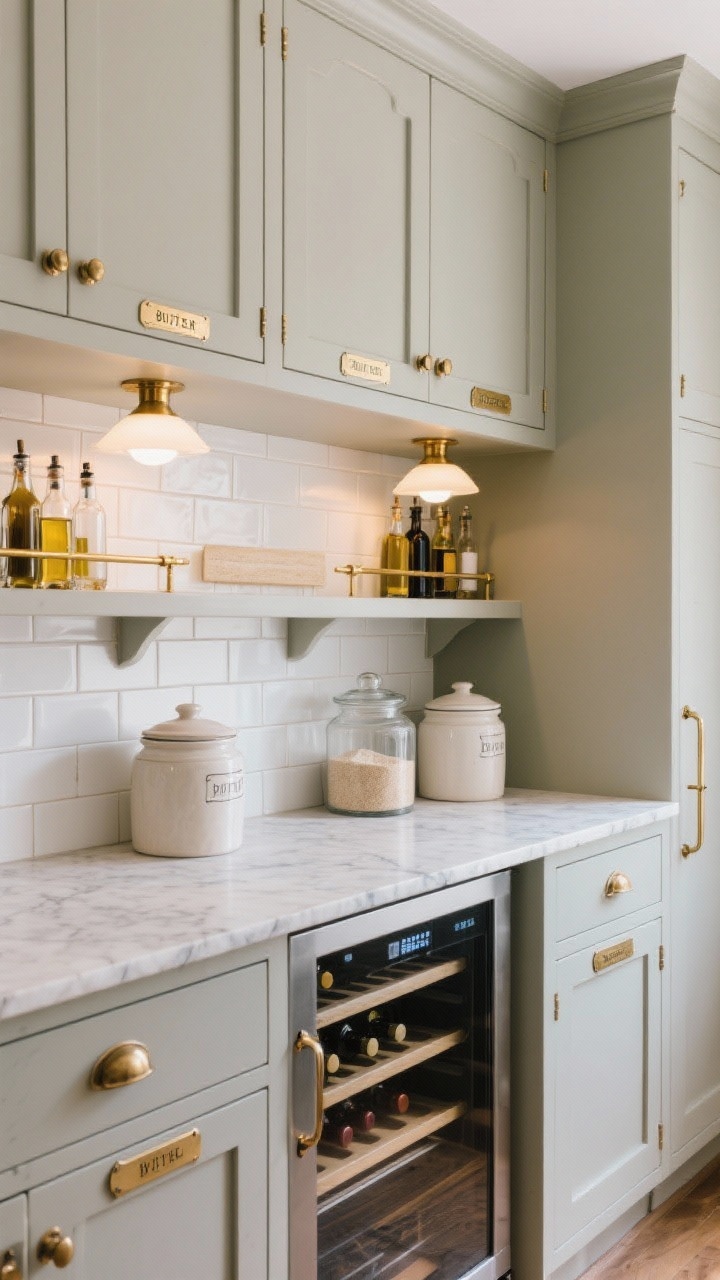 Medium shot — A classic butler’s pantry vignette with soft greige shaker cabinetry, polished Carrara marble countertop, and a white subway tile backsplash, lit by small brass library lights above the shelves for a warm glow. On the counter and open shelves: apothecary glass jars, lidded ceramic crocks for flour and sugar, a brass gallery rail corralling oils and vinegar, and narrow brass label plaques on shelf fronts. Include a built-in wine cubby beside a compact beverage fridge. Brass latches and hardware patinated slightly.