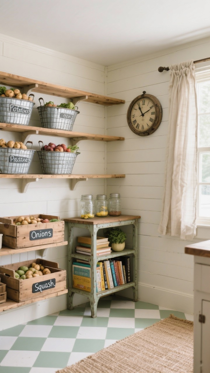 Medium shot — A fresh farmhouse pantry corner with cream shiplap walls, natural pine shelving, and a soft sage-and-white checkerboard vinyl floor. Feature vintage-style wire baskets and galvanized bins on shelves, wooden produce crates labeled “Potatoes,” “Onions,” and “Squash” along the bottom. A freestanding antique baker’s rack displays cookbooks and mason jars with chalk labels. Add a rustic wall clock, linen cafe curtains filtering daylight, and a jute runner for texture. Cozy, well-loved charm.