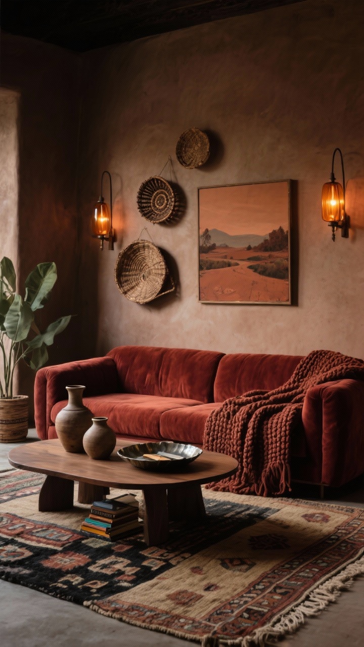 Medium shot: A grounded, earth-toned boho vignette featuring a deep rust velvet sofa with a chunky knit throw, a low-profile walnut coffee table with rounded corners, and layered rugs—Persian-style kilim atop a flat jute base. The wall displays woven baskets and a small landscape in dusty terracotta. On the coffee table: ceramic vases and a hammered metal tray with stacked travel books. Ambient dim lighting from amber glass sconces, palette of clay, rust, umber, olive, and charcoal. Photorealistic, moody evening light, straight-on view.