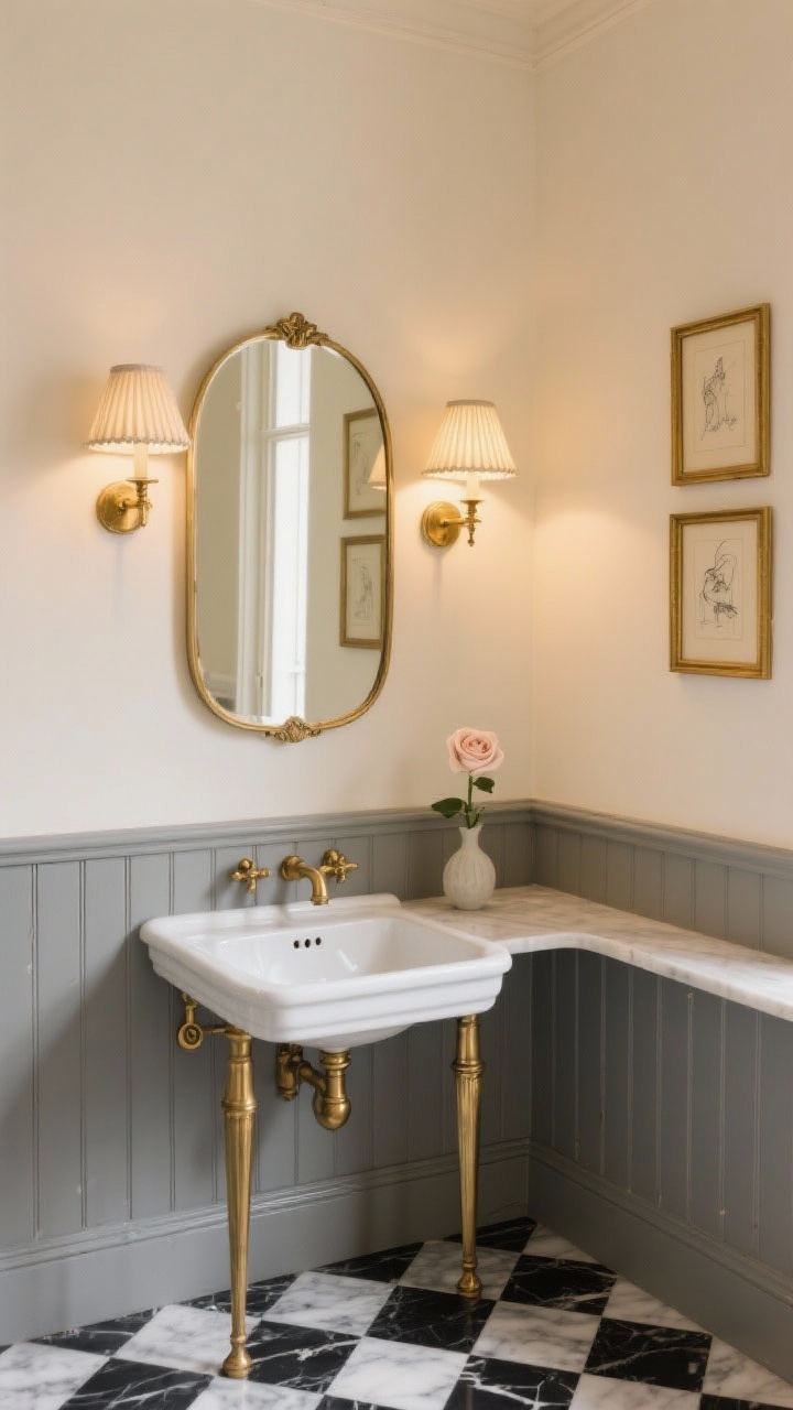 Medium shot: A Parisian powder room vignette showing half-height beadboard painted pigeon gray with creamy walls above, a petite console sink with delicate unlacquered brass legs, a hinged brass mirror centered over the sink, an old-world three-light sconce with pleated shades above, warm unlacquered brass taps and siphon visible, black-and-white honed marble checkerboard floor, small gold-framed sketches stacked asymmetrically on the cream wall, and a single bud vase with a pale rose on the slim console ledge; warm, cultured ambiance with soft, indirect lighting; slight corner angle for depth, photorealistic.