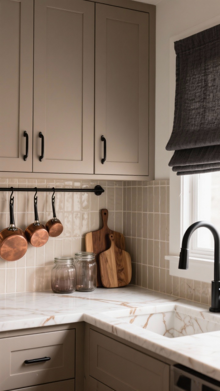 Medium shot: A refined kitchen wall of mushroom taupe cabinetry with matte black pulls and a slender black faucet over a warm white quartz countertop with soft brown veining. Vertical stacked tiles in almond/greige form the backsplash. A black metal pot rail with copper pans adds a chef’s-kitchen feel. Smoky glass jars, walnut cutting boards, and a charcoal linen roman shade finish the look. Warm, modern mood with balanced contrast, corner angle.