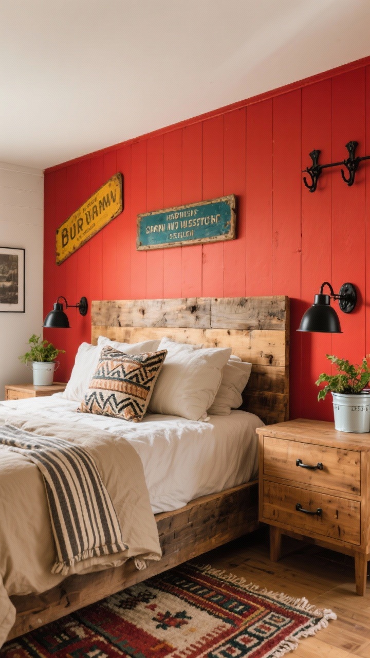 Medium shot, angled focus on the headboard wall: A bold rustic bedroom with a vibrant accent wall in barn red (alternatively mustard ochre or deep teal), anchored by a raw-edge wood headboard. Oatmeal bedding, black metal lamps, natural oak dressers, patterned pillows, and a striped kilim rug on the floor. Include black iron pulls and hooks, vintage signage on the wall, and enamelware planters for personality. Clear daylight to emphasize saturated color against warm neutrals, cheerful and punchy mood. Photorealistic.