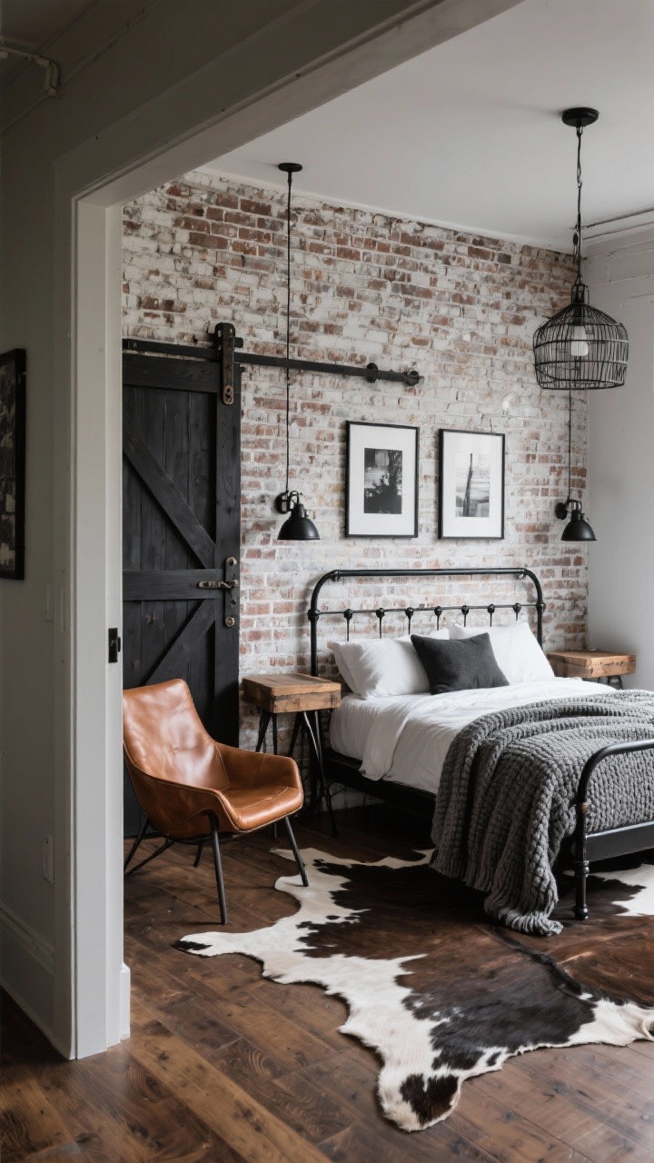 Medium shot, angled from the doorway: An industrial farmhouse loft bedroom with exposed brick wall (or brick-look wallpaper), a black metal bed, reclaimed wood side tables with iron legs, and a cowhide rug on smoked oak floors. Include a cognac leather chair, a heavy-knit gray blanket draped over the bed, and minimal black-and-white photography in slim black frames. Caged pendant lighting and matte black sconces visible, plus a sliding barn door with iron hardware. Balanced natural and artificial light for a rugged yet inviting feel. Photorealistic.