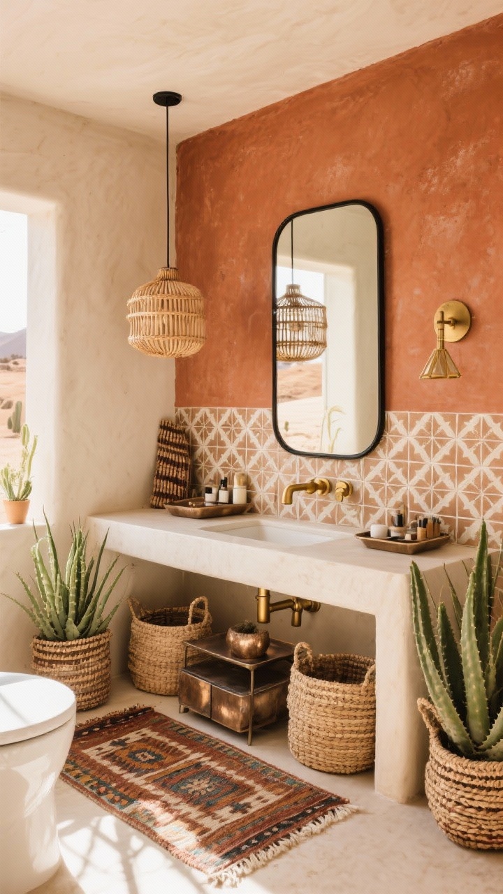 Medium shot, angled view: Desert boho bathroom with a terracotta accent wall behind a vanity, featuring a thin black-framed mirror and a brushed brass faucet. A peel-and-stick patterned tile backsplash adds graphic flair; a kilim runner in earthy tones grounds the floor. Woven baskets for storage sit under a console, hammered metal trays organize essentials, and cactus or aloe plants add life. Lighting via a rattan pendant or geometric brass sconce, sun-drenched mood. Palette: terracotta, clay, brass, black, cream.