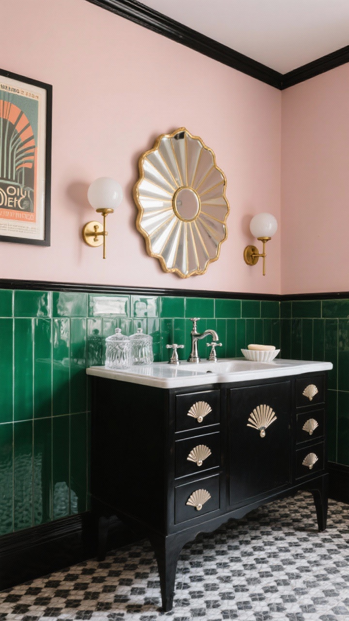 Medium shot: Art Deco revival composition showing two-tone walls—pale blush above glossy forest green tile wainscoting capped with a slim black rail, a black lacquer vanity cabinet with fan-shaped pulls, a scalloped/sunburst mirror in burnished brass, opaline globe sconces with stepped backplates on either side, small black-and-white basketweave floor pattern, polished nickel faucet with vintage cross handles, accessories including cut-glass canisters and a fluted soap dish, plus a framed graphic poster with Deco typography; cinematic contrast with balanced, crisp lighting; straight-on perspective, photorealistic.