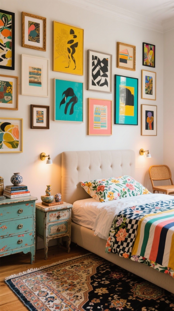 Medium shot — Artful Eclectic Gallery Room: Corner view of a simple upholstered bed beneath a vibrant gallery wall mixing frames and art styles; artwork leads a palette of mustard, teal, coral, and black. Mixed pattern bedding combines stripes, florals, and geometrics with repeated colors for cohesion. Mismatched vintage nightstands, a painted dresser, and a cane chair add character. Plug-in sconces and picture lights highlight the art; a Persian-style rug ties the room together. Stacked books, ceramics, and a couple of collectible objects style the surfaces. Warm, layered lighting.