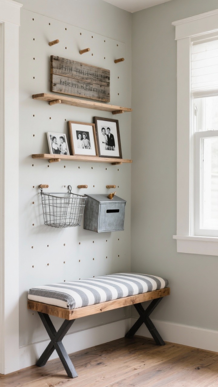 Medium shot at a slight corner angle of a modern farmhouse pegboard wall: full-height creamy greige painted pegboard with wooden pegs arranged for flexibility, narrow shelves holding galvanized metal baskets and a clip-on mail bin, a compact X-base bench with a ticking-stripe cushion beneath, warm natural wood accents, soft charcoal touches, and a weathered wood sign; framed black-and-white family photos resting on a peg shelf; even daylight for a cozy, practical vibe.