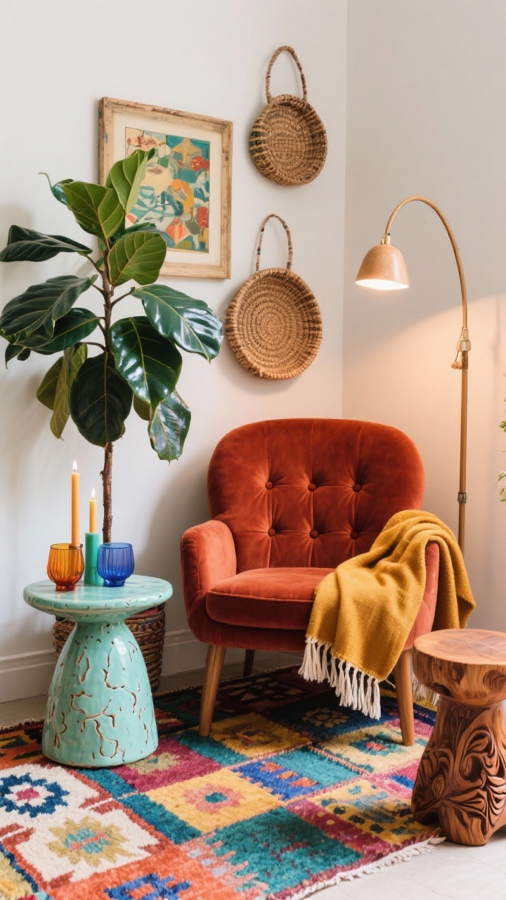 Medium shot, boho eclectic studio corner; tufted rust velvet accent chair with rounded edges set on a multicolored kilim rug; playful ceramic side table in a mint glaze; wall decor mixing woven baskets and framed thrifted art; tall floor plant with big glossy leaves (rubber tree) nearby; arc lamp sweeping overhead for cozy light; candles in colored glass, tasseled throw draped on chair, carved mango wood stool; pops of rust, mint, saffron, cobalt; layered, joyful mood, photorealistic, no people.