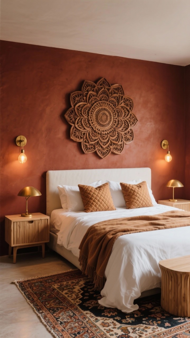 Medium shot, boho luxe bedroom focused on the headboard wall: deep clay painted wall with an oversized carved wood mandala mounted as dramatic headboard art behind a bed dressed in a crisp white duvet, camel-toned throws, and quilted pillows; brass reading sconces with warm 2700K bulbs flanking the mandala; vintage Persian-style runner at the foot of the bed; fluted wood nightstands with minimal styling; warm, romantic glow, rich textures, no people, photorealistic.