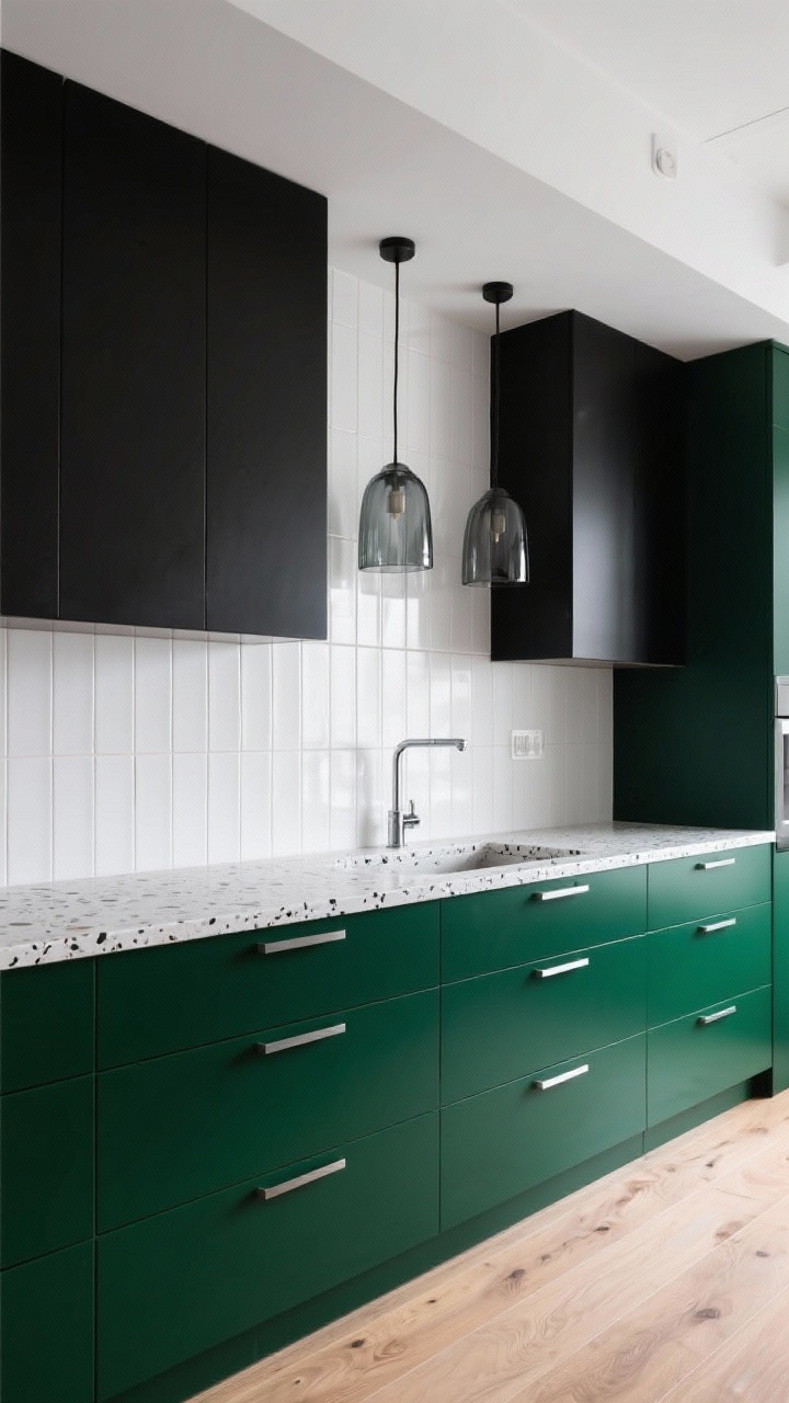 Medium shot, bold contemporary: deep forest green base cabinets with brushed chrome pulls, matte black uppers, bright white terrazzo countertop with visible aggregate, vertical stacked white tile backsplash creating height, pale oak flooring to lighten the palette, smoked glass pendants hanging above; moody yet balanced with bright counters, straight-on composition, photorealistic.