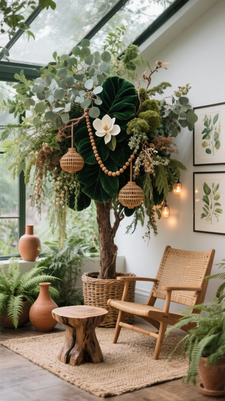 Medium shot: Botanical conservatory corner with a deep green tree brimming with botanical elements—velvet leaves, faux eucalyptus, magnolia stems, dried florals—and wood bead garlands and rattan ornaments. Color story: olive, moss, bronze, ivory. Warm micro-lights create a dewy morning glow. The base is a woven basket tree stand. Surround with a cane lounge chair, live-edge side table, sisal rug, potted ferns, terracotta vases, and botanical prints on the wall. Organic, serene, photorealistic, angled from the corner to show layers of greenery.