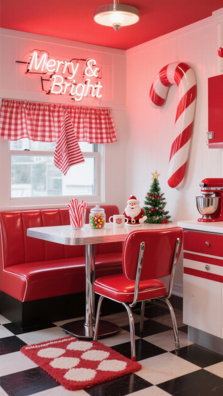 Medium shot, Candy Cane Retro Diner breakfast nook: cherry red and crisp white palette, chrome-edge café table with vinyl diner chairs, neon “Merry & Bright” sign glowing over the window; striped tea towels and a red gingham valance, glass canisters filled with peppermint sticks and gumdrops, vintage-style cookie jar and retro Santa mugs; a checkerboard rug underfoot, red stand mixer on the counter, and a mini tinsel tree nearby; playful, nostalgic lighting with neon glow and bright holiday cheer, photorealistic, no people.