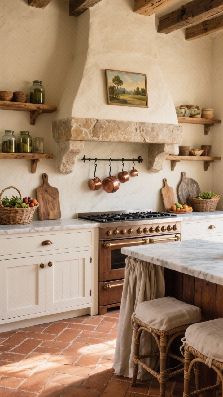 Medium shot capturing European farmhouse warmth: off-white cabinets against creamy plaster walls, handmade terracotta tile floor in a herringbone pattern, and a stone corbel range hood. Chunky open wood shelves with visible grain, perimeter countertops in honed marble, island top in dark-stained wormy chestnut. Oil-rubbed bronze hardware with classic latches, linen slipcovered counter stools, woven linen café curtains. Accents: olive jars, aged cutting boards, iron pot rack with copper, baskets of produce, and a small vintage landscape painting above the stove ledge. Late-afternoon golden light, photorealistic.