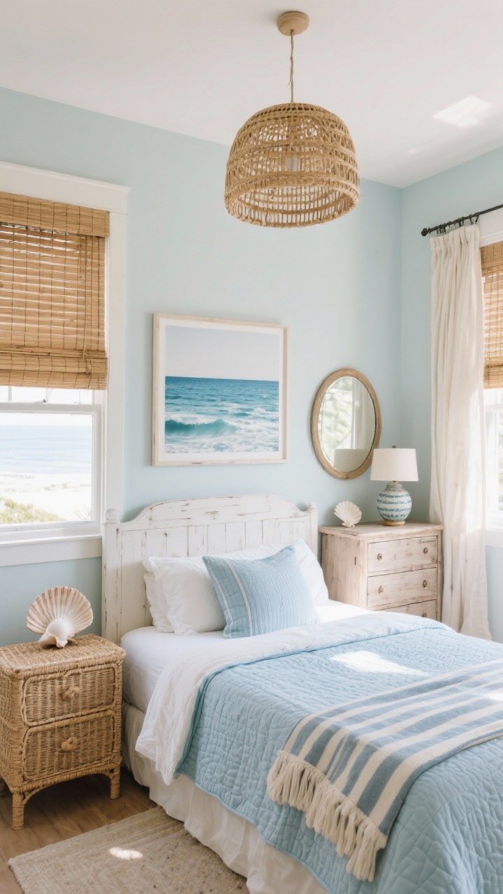 Medium shot centered on a bed placed between two windows with matching bamboo shades and light linen curtains, rattan or seagrass nightstands, ocean-inspired blues and sandy neutrals: pale blue quilt, whitewashed wood dresser in a nook with a circular mirror and ceramic table lamp, woven pendant overhead, shell-inspired decor and a striped throw, large coastal photograph above the headboard; bright, breezy daylight with gentle shadows.