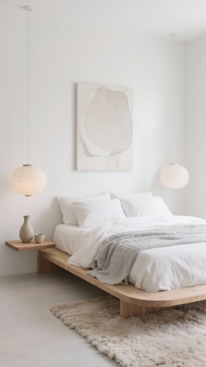 Medium shot, Cloud-Soft Minimalist: a serene, soft-white room with a low-profile oak platform bed with rounded edges; bedding in stonewashed linen layers—ivory duvet, pale gray quilt, and a lightweight throw for pillowy depth; plush high-pile rug visible at the bedside; twin paper lantern pendants floating and diffusing misty light; a petite floating oak shelf used as a nightstand with a ceramic carafe and cup; a single oversized abstract canvas in neutral tones above the bed; palette of ivory, fog gray, oat, and pale wood; clean lines with soft curves; daylight filtered softly; photorealistic, straight-on composition focused on the bed wall.