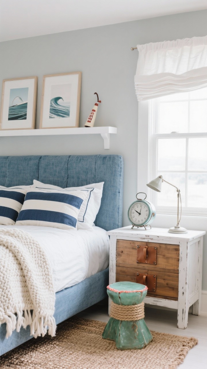 Medium shot, coastal calm corner: soft salt-gray walls, sun-faded denim upholstered headboard, striped navy-and-cream bedding with a chunky knit throw. White shelf rail above the bed displaying framed surf photography and a small vintage lifeguard whistle display. White linen roman shades at the window filtering daylight. Jute rug underfoot, whitewashed nightstand with rope-wrapped table lamp and enamel camp clock. Natural-wood dresser with leather pulls in frame. Pops of sea-glass green stool and coral-trimmed pillowcases. Breezy, bright, coastal-but-minimal vibe.