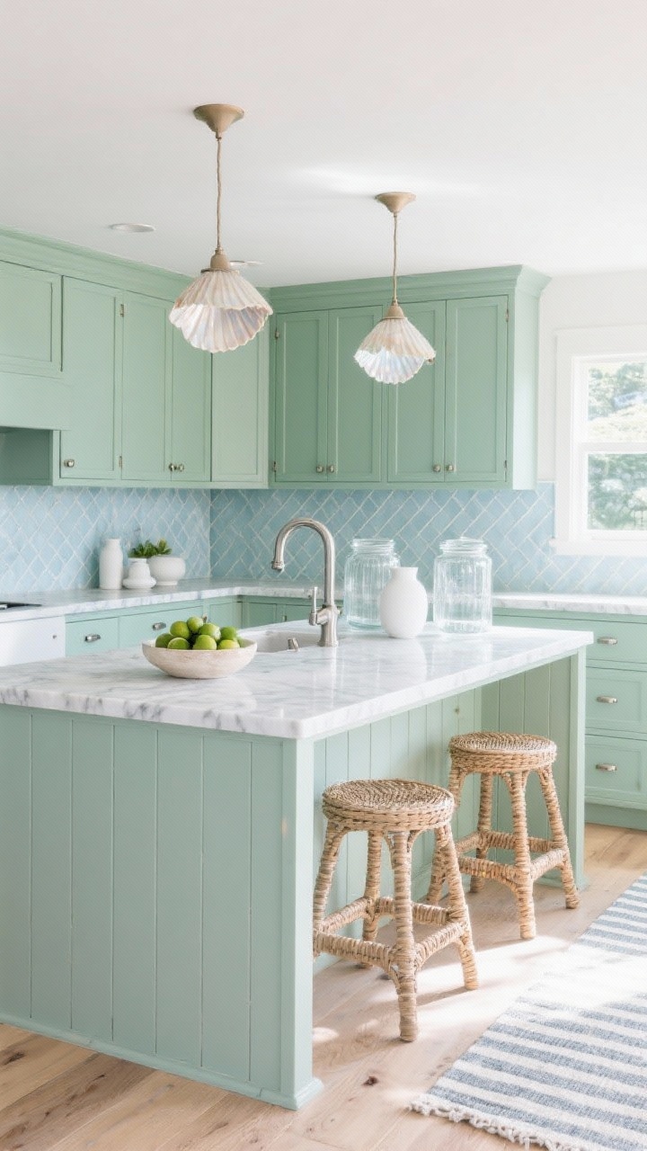 Medium shot, Coastal Color Wash With Breezy Layers: sea-glass green cabinets, pale blue subway tile laid in a herringbone pattern, and a white oak island with beadboard paneling; marbled quartz counters; woven stools tucked under the island; satin nickel pulls with a matching gooseneck faucet; whitewashed oak plank flooring; capiz shell pendants for a soft shimmer; styled with clear glass jars, white ceramics, a bowl of limes, and a striped runner rug; bathed in morning light, airy and beachy, photorealistic.