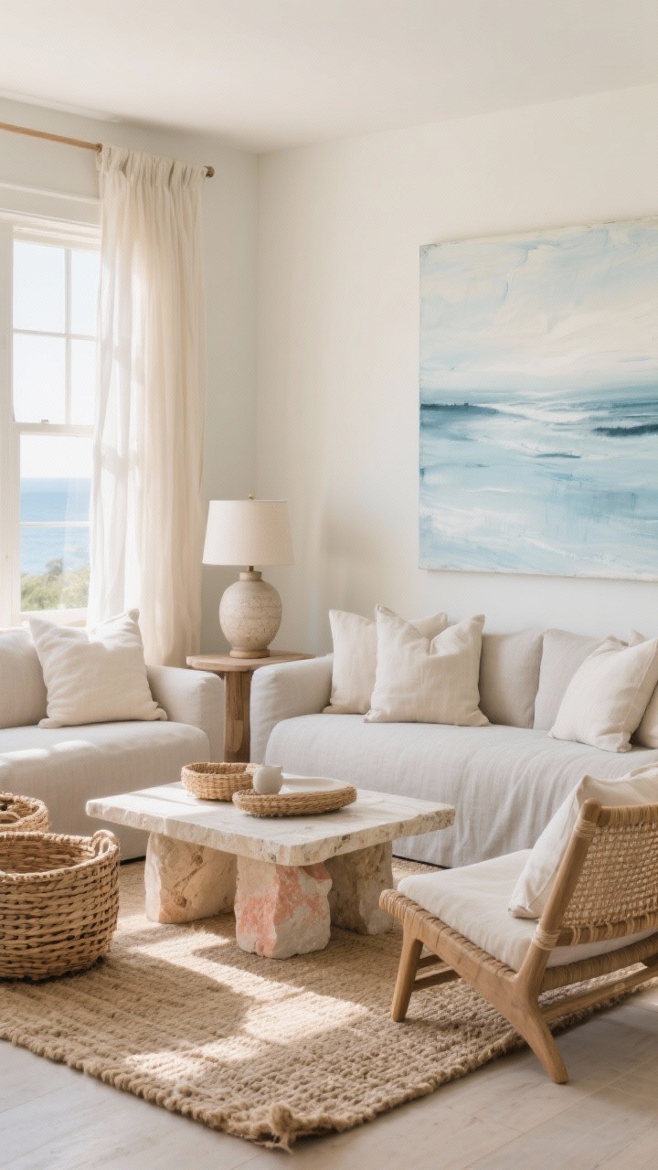 Medium shot, Coastal Luxe Neutrals seating area near a sunlit window: sand-toned linen sofas, bleached oak side table with oversized ceramic table lamp, travertine or coral stone coffee table; sheer drapes filtering light, jute-and-wool rug underfoot, rattan accent chair, handwoven baskets and linen throw pillows; large abstract painting in soft blues mimicking sea haze on the wall; palette of ecru, oat, driftwood grey, whisper blue; breezy, serene, photorealistic.