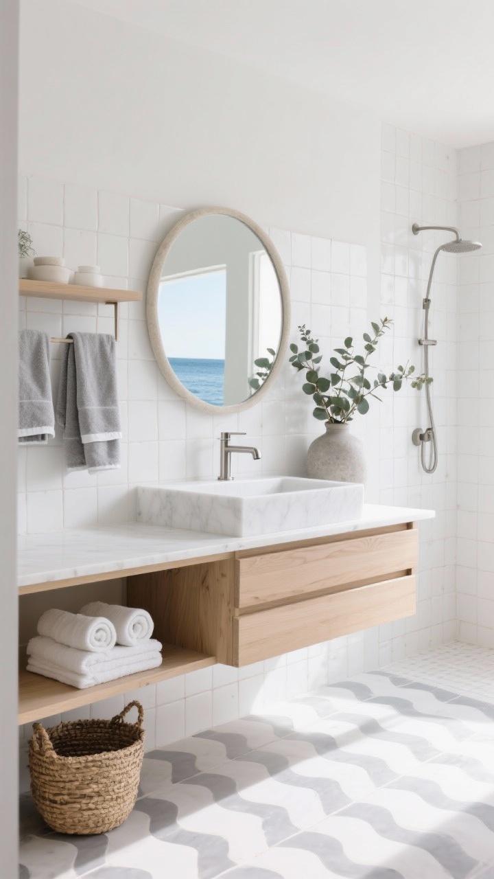 Medium shot: Coastal minimalist scene highlighting a white oak vanity with integrated finger pulls and a white quartz top, a round sandblasted mirror above, brushed nickel faucet and hardware, shower wall in white zellige-style tiles with subtle glaze variation, soft gray wave-pattern floor tile visible in foreground, Turkish hand towels in fog gray and white hanging neatly, open shelf with rolled towels and a woven basket, and a eucalyptus bundle in a matte stone vase; airy, bright lighting like a morning by the water; straight-on, photorealistic.