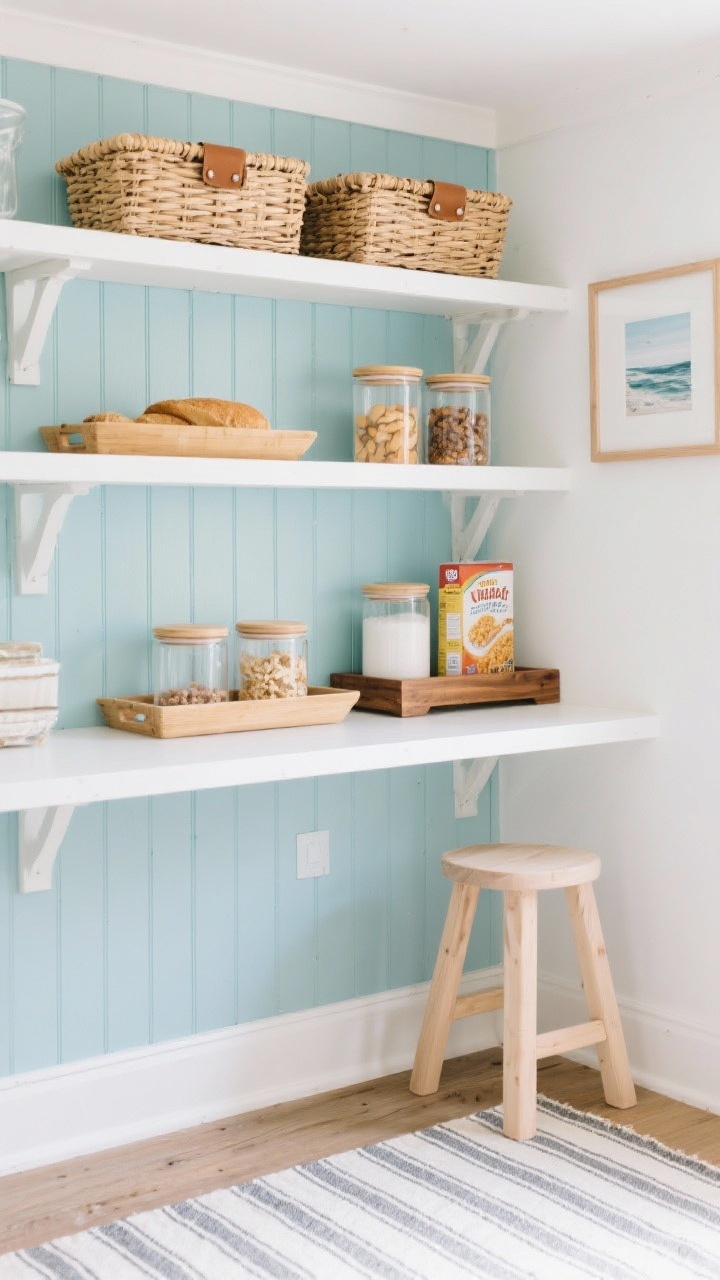 Medium shot, coastal pantry: white shelves with beadboard backing painted sea-glass blue, rattan baskets with leather pulls for snacks and bread, clear canisters with pale bamboo lids. Two woven trays zoning baking essentials and breakfast, an acacia riser elevating cereal boxes, a slim light-wood step stool tucked below, striped cotton runner, and a small framed coastal print on the wall. Soft daylight, breezy textures, color palette soft blue, white, light wood, photorealistic.