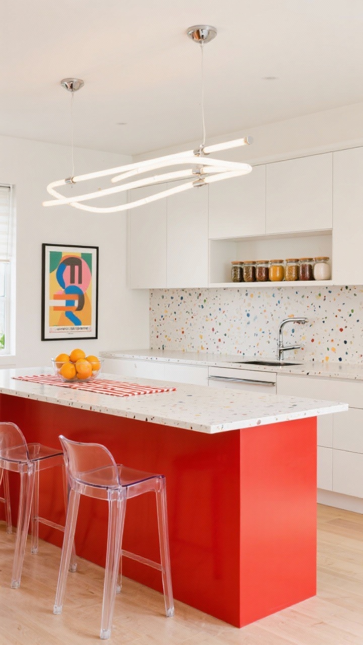 Medium shot: Color-pop contemporary focus on a tomato-red island against soft white flat-front cabinets; white terrazzo countertops with playful multicolor flecks clearly visible; micro-thin backsplash shelf displaying spice jars and a framed graphic poster; sleek chrome pulls catching light; sculptural tube chandelier above casting bright, even illumination; acrylic barstools with curved backs at the island; citrus in a glass bowl and a striped runner completing the scene; energetic, light-filled mood; photorealistic, straight-on.