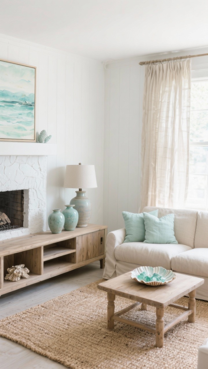 Medium shot, corner angle: A coastal calm seating area with chalky white walls, sand-beige slipcovered sofa, and sea-glass accents in pale aqua and sage. A limed oak media console and raked-plaster fireplace add organic texture; a large jute rug grounds the scene. Ceramic table lamps with matte glaze sit beside stoneware vases and a capiz shell tray; Belgian linen drapery and gauzy sheers filter soft natural daylight. Include a soft watercolor art piece echoing aqua and sage tones.