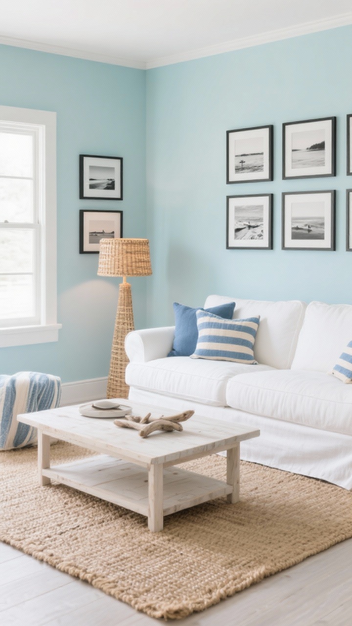 Medium shot, corner angle: A modern coastal living room featuring a slipcovered white sofa with boxy seat cushions and generous arms against soft sea-glass blue walls; a jute/sisal rug, bleached wood coffee table, airy striped pillows in blue and sand; a curated gallery wall of black-and-white coastal photography; woven rattan floor lamp casting warm, beachy glow; palette of white, sand, pale blue, driftwood; breezy, washable, relaxed vibe, photorealistic.