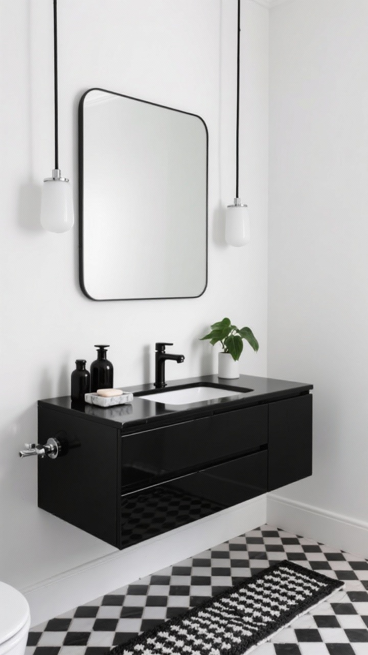 Medium shot, corner angle: A monochrome noir bathroom vignette featuring a checkerboard floor runner leading to a floating high-gloss black vanity against crisp white walls. A thin metal-framed black mirror hangs above a matte black faucet. Style with black apothecary bottles, a small marble soap dish, and a single green plant for contrast. Include a linear vanity light with white glass shades; hints of chrome or brushed nickel appear in hardware. High-contrast, graphic, photorealistic.