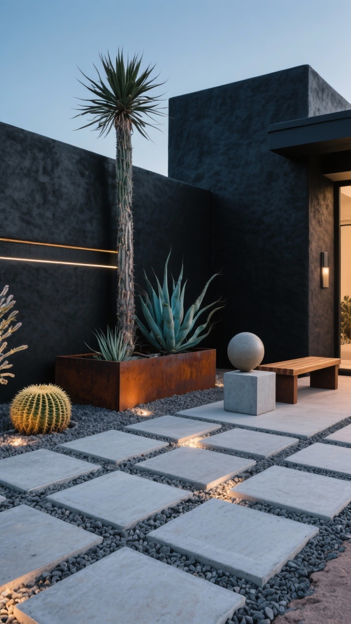 Medium shot, corner angle of a modern desert front yard: large concrete pavers in a precise grid floating in charcoal gravel, sculptural agave, golden barrel cactus, and desert spoon clusters; a matte black stucco accent wall behind a tall Yucca rostrata; linear cor-ten steel planter adding rust-toned warmth; decomposed granite and polished concrete textures; in-ground LED uplights grazing plant silhouettes at night; color palette of black, charcoal, rust, blue-green; minimal teak bench and cube side table nearby, oversized ceramic sphere accent; photorealistic, strong forms and shadows, no people.