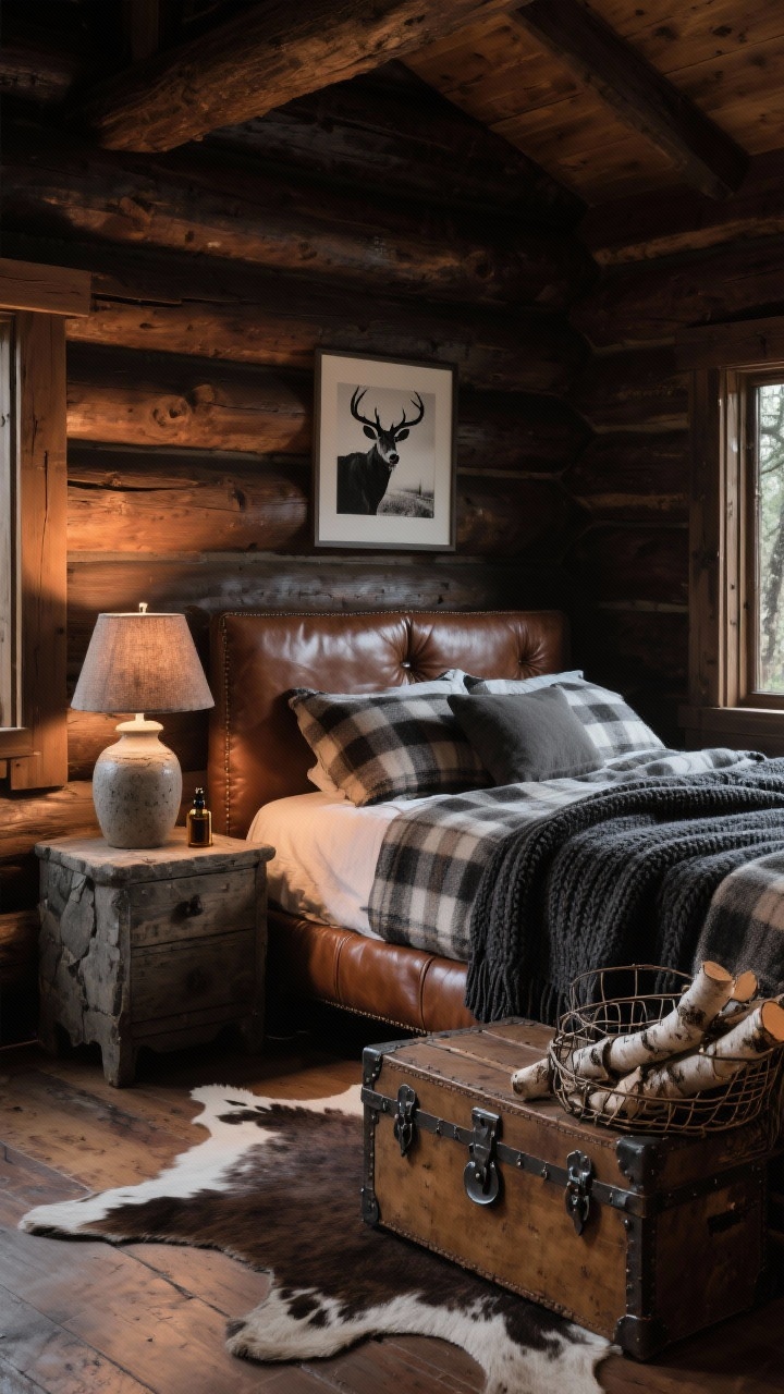 Medium shot, corner viewpoint: Woodland lodge bedroom with deep pine walls and a saddle-brown leather-upholstered bed layered with flannel sheets, a classic wool camp blanket, and a charcoal knit throw. At the foot, an antique trunk with iron hardware. A stoneware table lamp adds warm light; black-and-white wildlife photography hangs above. A cowhide or faux-hide rug spreads underfoot, and a wire basket holds a bundle of birch logs. Subtle cedar-scent diffuser bottle on the nightstand. Cozy, cabin-like evening light.
