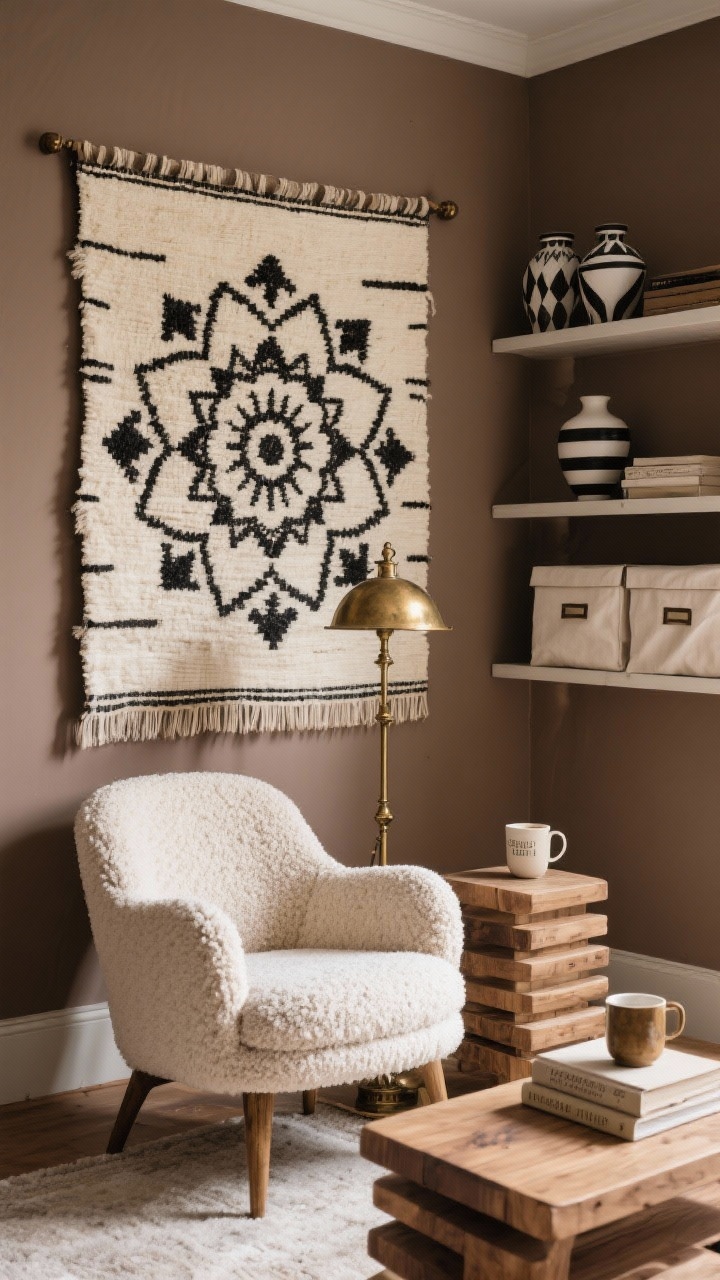 Medium shot, cozy reading den: walls in mocha or mushroom paint; large hand-loomed cream-and-charcoal mandala tapestry as the focal wall hanging; curved bouclé armchair beside an antiqued brass floor lamp; stacked wood side table with a mug and closed book; shelves organized with linen storage boxes and a few black-and-white ceramic vases to keep focus on the tapestry; tactile textures—bouclé, loomed cotton, matte brass; cocooned, quiet lighting, no people, photorealistic.