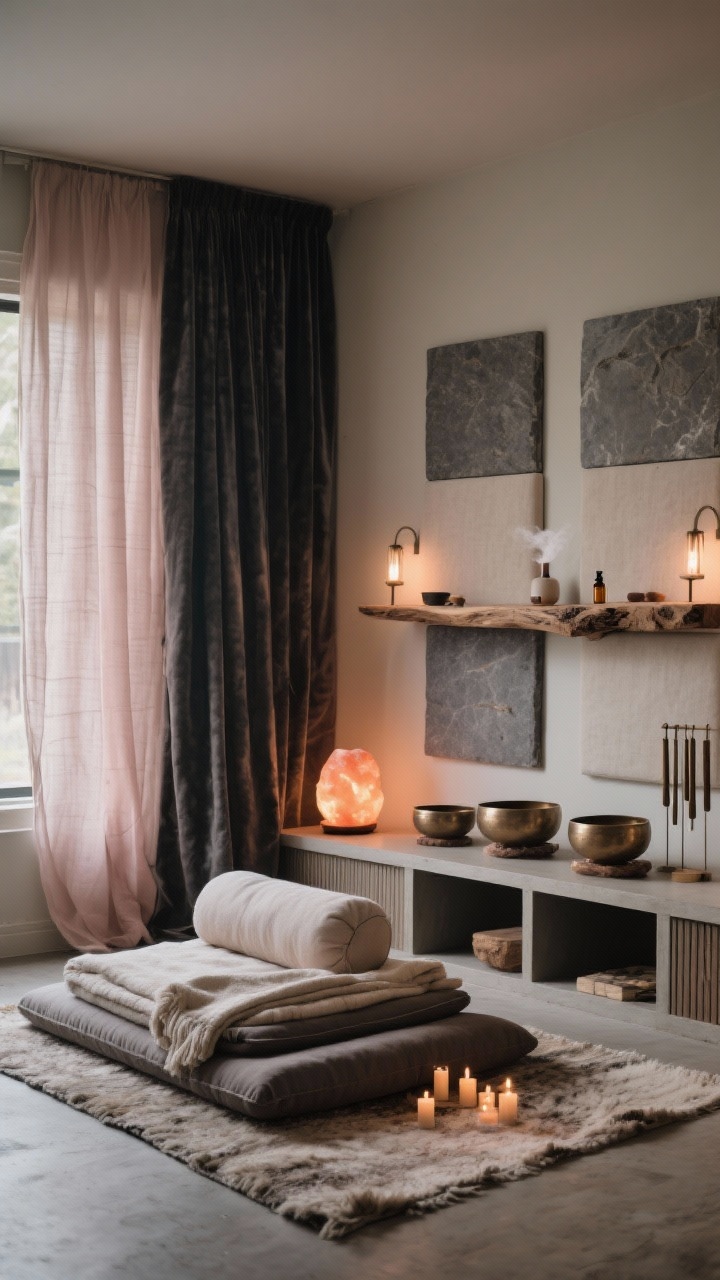 Medium shot, Cozy Sound Bath Studio: A calm space with linen-wrapped acoustic panels on the wall and thick velvet curtains that soften echoes. On the floor, a layered cushion zone with a thick mat, bolster, and soft blankets atop a wool rug. A low console with concealed storage holds singing bowls and chimes; a live-edge shelf above supports an essential oil diffuser emitting a gentle mist. Lighting: salt lamp glow, dimmable sconces, and a small candle cluster for warm ambiance. Palette: charcoal, stone, cream, muted blush. Photorealistic, low-light tranquility.