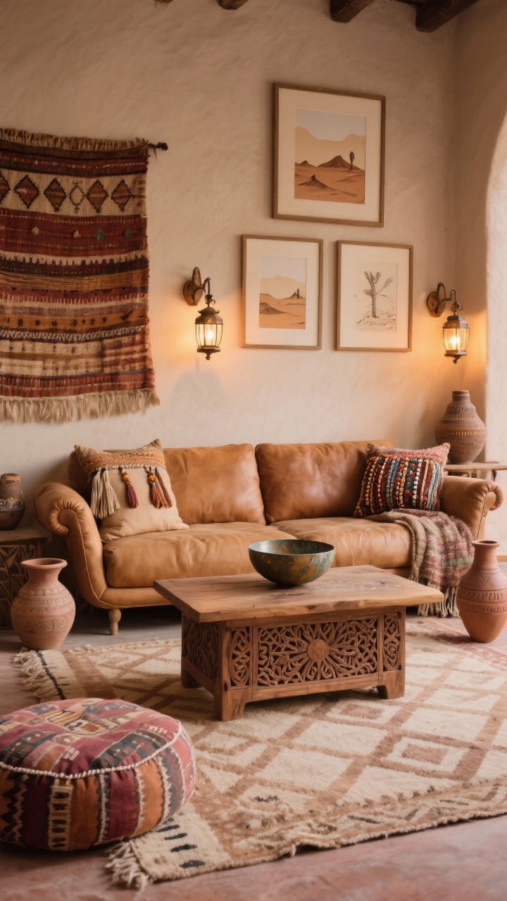 Medium shot: Desert artisan living area featuring a camel leather sofa and an artisan-carved mango wood coffee table with intricate motifs. A flatweave rug with geometric patterns in sand and clay grounds the scene. Wall decor includes a textile tapestry and a trio of framed desert sketches. Accents: hand-thrown pottery, beaded tassel pillows, and a patina metal bowl. Warm light from double lantern sconces; a vintage kilim floor cushion adds extra seating. Colors: camel, sand, blush, rust, oxidized bronze. Photorealistic, warm evening glow, straight-on.