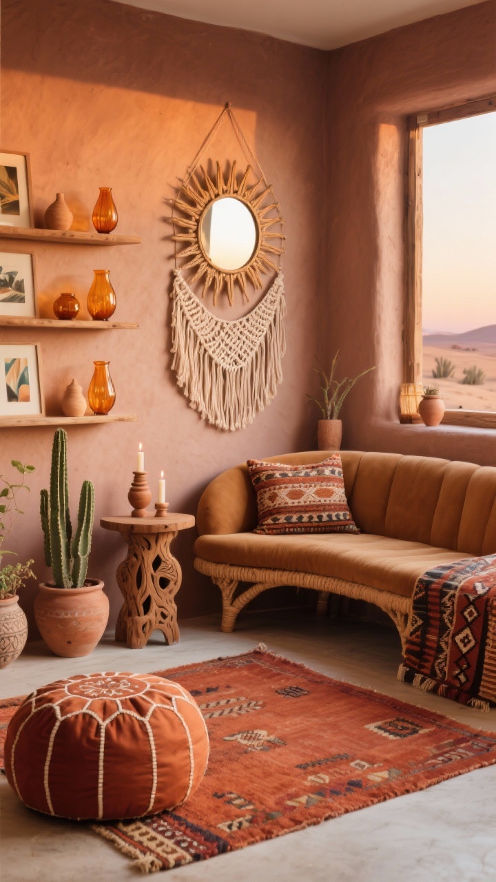 Medium shot, desert boho vignette: a terracotta-hued rug grounds a corner with a curved camel-colored loveseat and a carved mango-wood side table; one wall painted muted clay; a woven bench under a window topped with a kilim cushion; large sunburst mirror and macramé wall hanging create a textural backdrop; warm amber glassware on open shelves, cactus prints, clay candle holders, ceramic planters; floor poufs with tribal patterns; palette terracotta, rust, sand, cream; late-afternoon warm light, cozy and sunset-ready, no people.