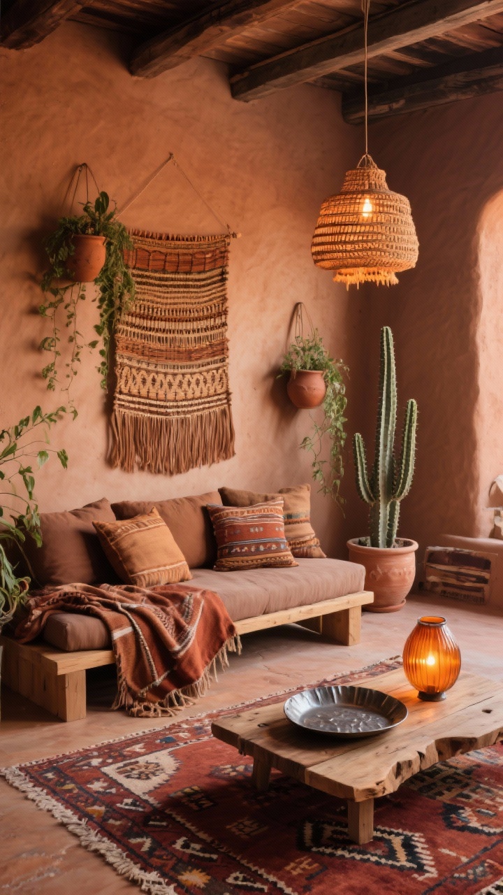 Medium shot, Desert Boho With Earthy Depth lounge: sunbaked colors of rust, adobe, cumin layered throughout; Moroccan Beni or kilim rug, simple wood platform sofa layered with mudcloth pillows and a cactus silk throw; woven wall hanging above, ceramic planters with trailing greenery and a potted cactus; materials rattan, clay, raw-edge wood coffee table, hammered metal tray; lighting from woven pendant and a sunset-hued glass lamp creating warm amber highlights; artist’s loft meets desert retreat, photorealistic, no people.