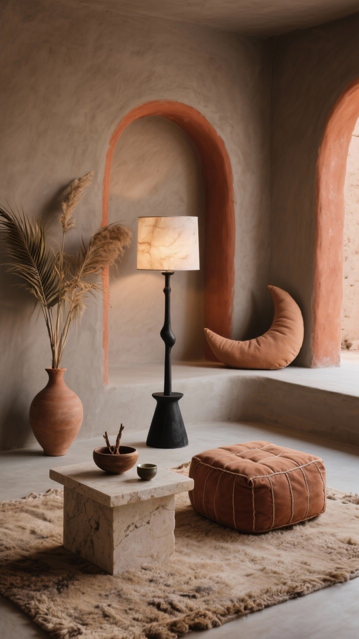 Medium shot, Desert Modern Retreat: crescent-shaped meditation pillow in adobe paired with a square zabuton in clay on a nubby wool rug that looks like sun-baked sand; walls in soft taupe with a swooping terracotta painted arch framing the sitting area; low travertine cube table with tea and a palo santo bowl; black iron floor candleholder adding verticality; sculptural earthenware and a dried palm frond in a tall vase; dimmable alabaster lamp glowing like desert dusk; palette of adobe, clay, taupe, matte black; photorealistic, moody warm lighting, straight-on composition.