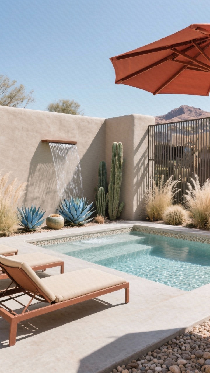 Medium shot, Desert spa escape: smooth stucco walls and a matte concrete deck framing a geometric pool that reads sculptural; planting of blue agave, barrel cactus, and feathery desert grasses; a slatted steel screen casting sharp, mesmerizing shadows across the water; powder-coated loungers in sand and rust tones; a sculptural umbrella in adobe red; blade-style sheer descent water feature producing a clean sheet of water; pale pebble pool finish sparkling in dry sun. High-desert midday light, crisp.