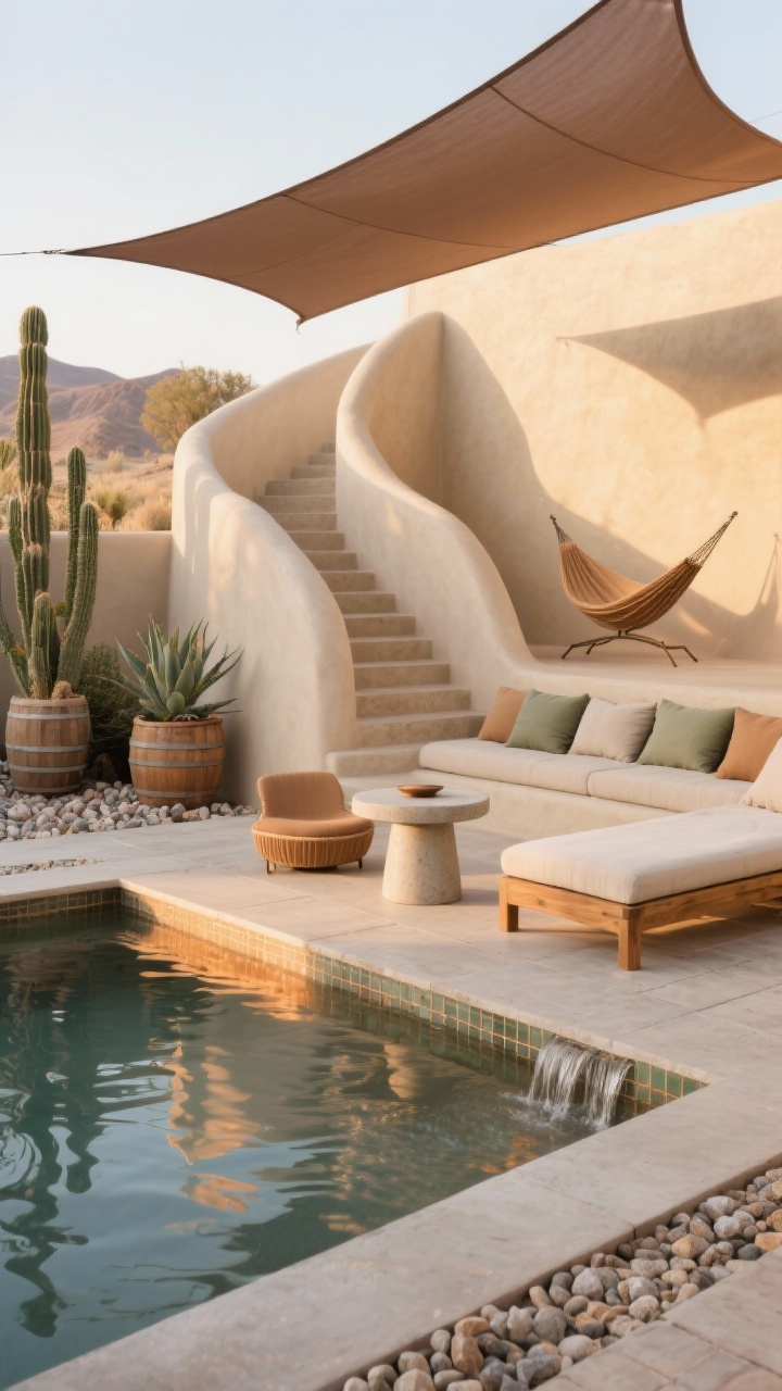 Medium shot, Desert Spa Retreat With Stucco Steps: A sand-colored smooth stucco surround with sculpted curved steps descending to the water, integrating a low built-in bench lined with outdoor cushions for lounging. Ground plane in concrete-look pavers edged by decorative gravel; cacti, agave, and barrel planters atop crushed stone. A warm taupe freestanding shade sail casts dappled shade; sculptural sling loungers in camel, a round cement side table, and a teak daybed with sun-bleached linen sit nearby. Subtle tile water feature trickles; palette of sand, clay, sage, oxidized bronze; late-afternoon sun with amber underwater glow, no people.