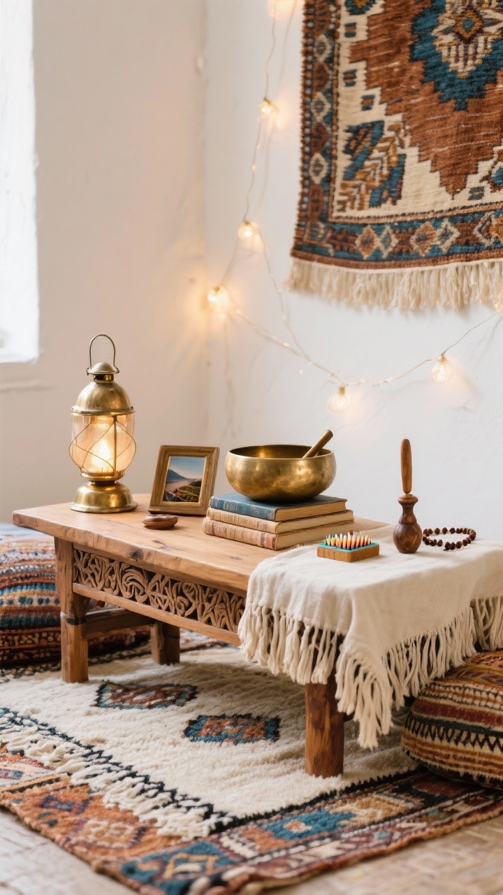 Medium shot, diagonal view: Boho traveler’s altar with a carved mango wood meditation table on layered rugs—a flatweave kilim base topped with a fringed cotton throw rug—warm white walls, string lights draped loosely and a hammered brass lantern creating cozy glow, tabletop styled with a brass singing bowl, stack of travel-worn books, tiny framed travel photo, wooden prayer beads, and a hand-painted match striker, woven wall tapestry hanging above for height, palette of cinnamon, indigo, brass, and ivory, richly textured, photorealistic.