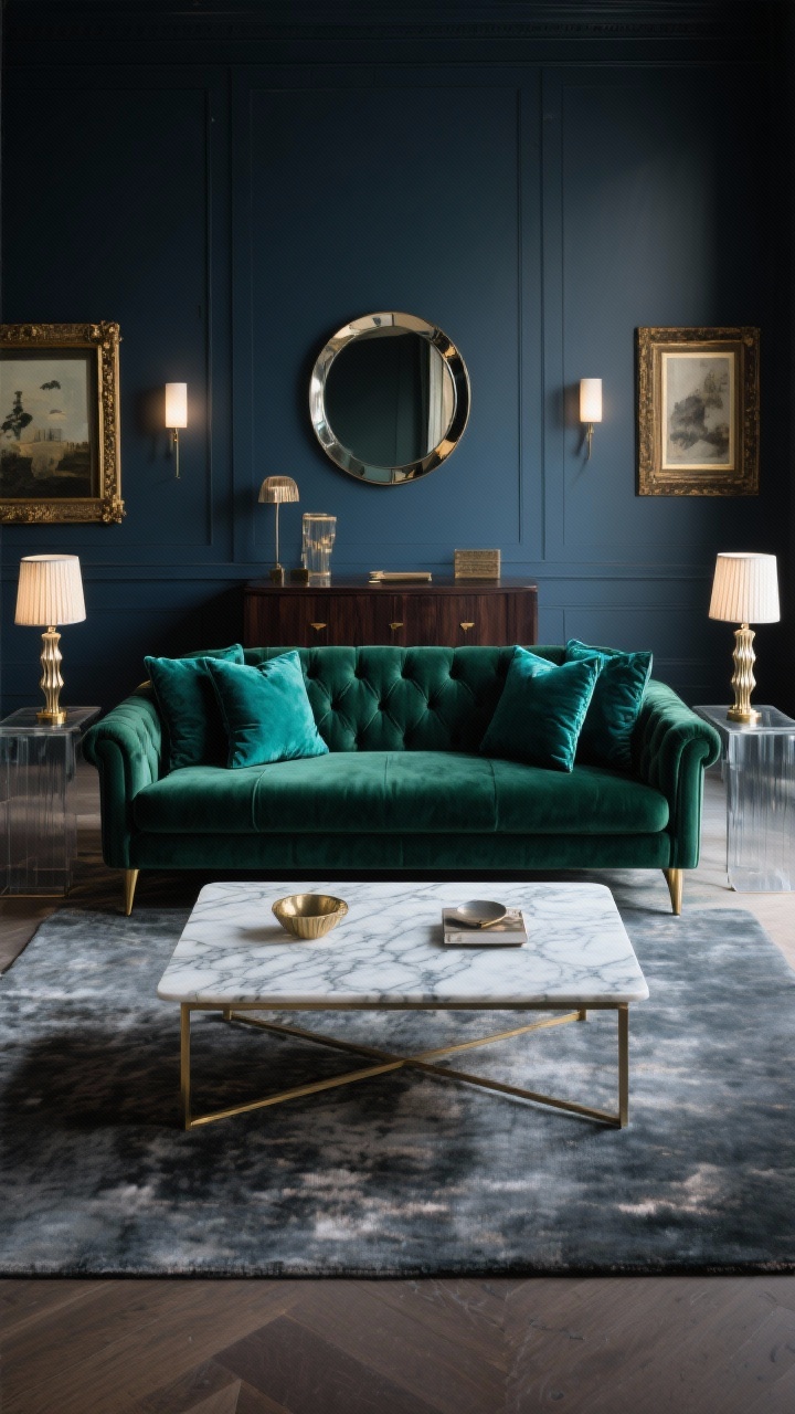 Medium shot, dramatic mood, photorealistic: A deep emerald velvet sofa with tufted bench seat and slim brass legs centered in a room with ink blue/charcoal walls. In front, a veined marble coffee table atop a plush rug with subtle sheen. Smoked glass side tables flanking the sofa hold fluted accent lamps. A large round mirror bounces light; art with gilded frames on the wall. Jewel-toned accent pillows on the sofa; a dark wood sideboard in the background. Lighting via picture lights and dimmable sconces for a moody, glamorous ambiance.
