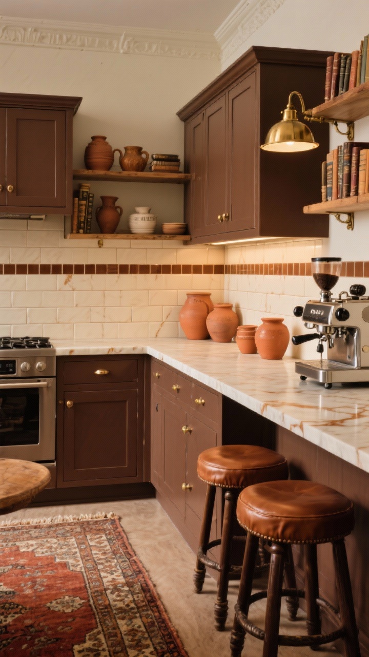 Medium shot: European café-inspired kitchen run with café mocha cabinetry (milk-chocolate warm base), cream quartz counters with caramel veining, and a cream subway tile backsplash with mocha grout outlining each tile. Terracotta accents via pottery and a bordered tile detail. Aged brass library lights mounted above open shelves. Saddle-colored leather/faux-leather stools at the counter, a vintage rug with rust notes, and an espresso machine prominently displayed. Cozy, rich lighting, straight-on view.