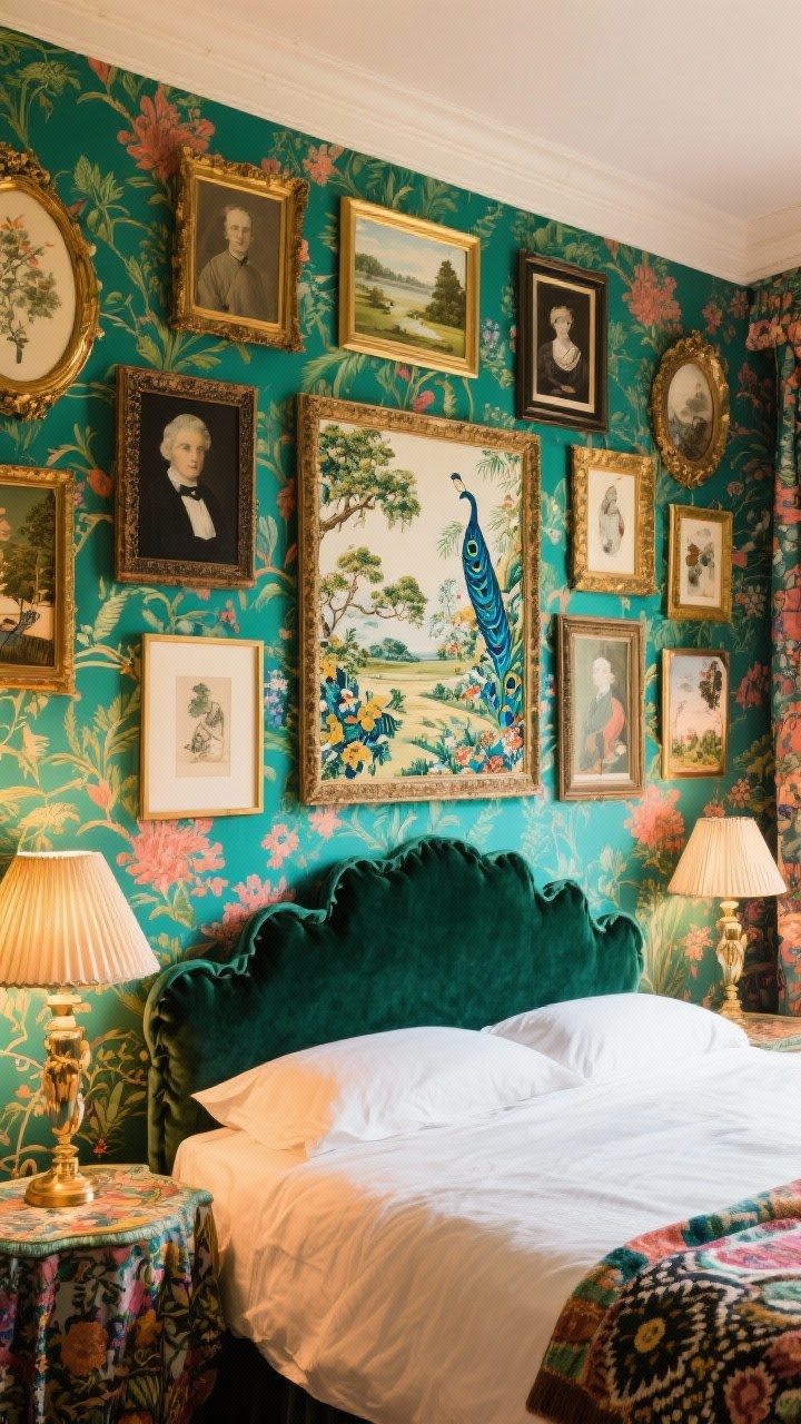 Medium shot focused above the bed in a maximalist, color-drenched room: walls wrapped in botanical or chinoiserie wallpaper in emerald, peacock, and coral tones; pale ceiling kept out of frame. Headboard replaced by a framed fabric panel in a coordinating print. Above and around the panel, a tight cluster of vintage-style art—landscapes, portraits, quirky still lifes—in mismatched antique gold and dark frames. Velvet bed edge and scalloped nightstand partially visible, with a pleated lampshade and patterned throw peeking in. Rich, layered lighting with warm lamps for a jewel-box feel.