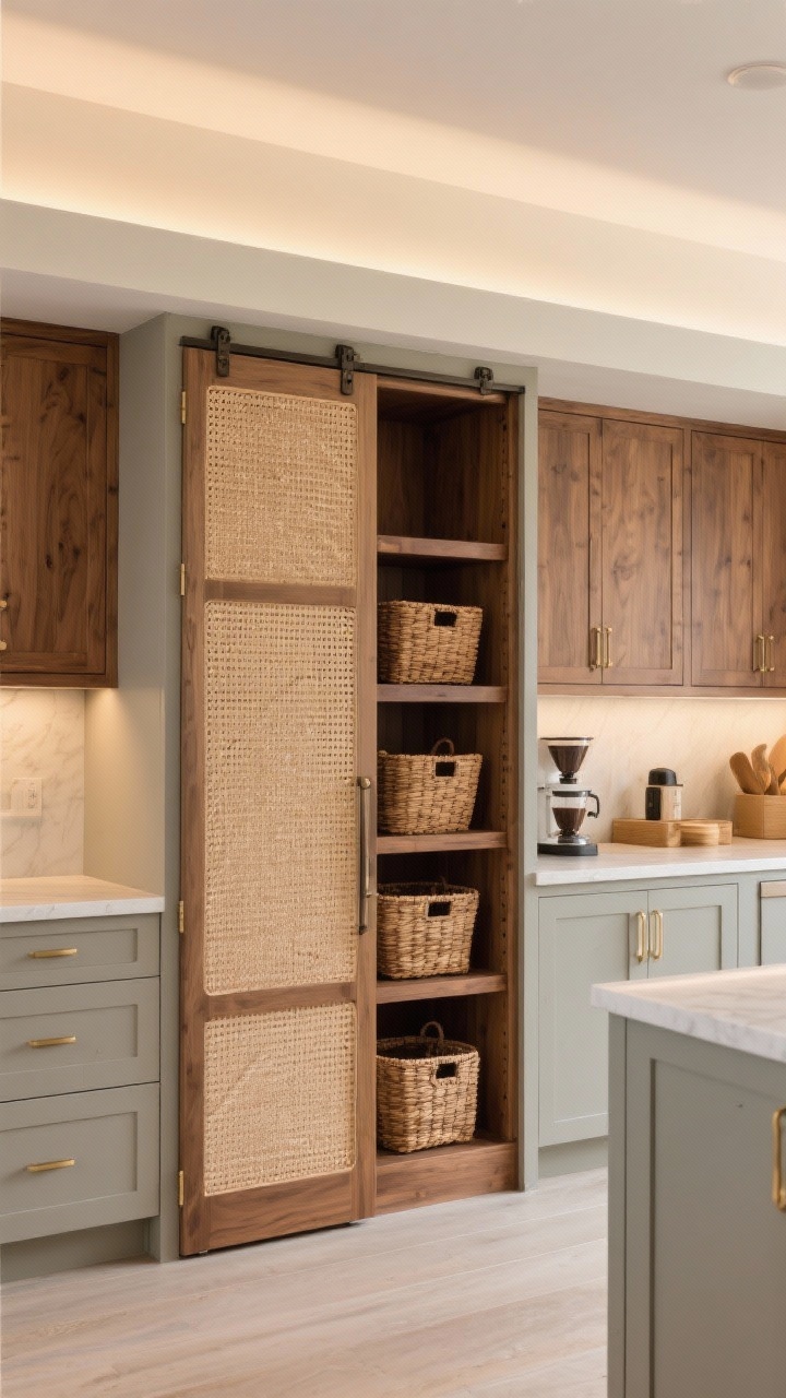 Medium shot focusing on a cane-front cabinet façade with two full-height doors slid back into pockets to expose a pantry with walnut interiors, rattan baskets, and a built-in coffee bar; surrounding kitchen shows greige base cabinets, walnut uppers, and a long plaster hood; warm 2700K LED lighting to flatter wood tones and cane texture; palette greige, walnut, natural rattan, warm brass; cozy, tactile mood.