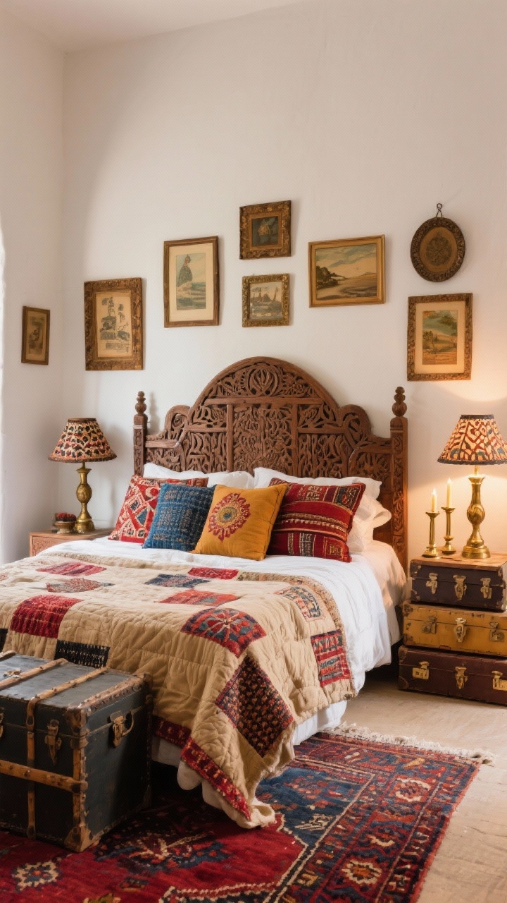 Medium shot focusing on the bed wall: Vintage-global collector’s nook with warm white walls and a carved wood headboard; bed piled with kantha quilts, block prints, and embroidered pillows in warm neutrals with red, indigo, and ochre pops; an antique trunk at the foot of the bed; Persian/Kilim rug with deep reds and indigos; mismatched vintage frames forming a small gallery of travel art; brass candlesticks on a side table made from stacked vintage suitcases; patterned lampshades and carved wood textures; ambient cozy lighting; photorealistic, collected and lived-in.